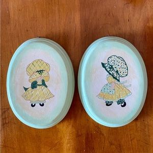Pair of Vintage Holly Hobbie Style Ceramic Wall Plaques